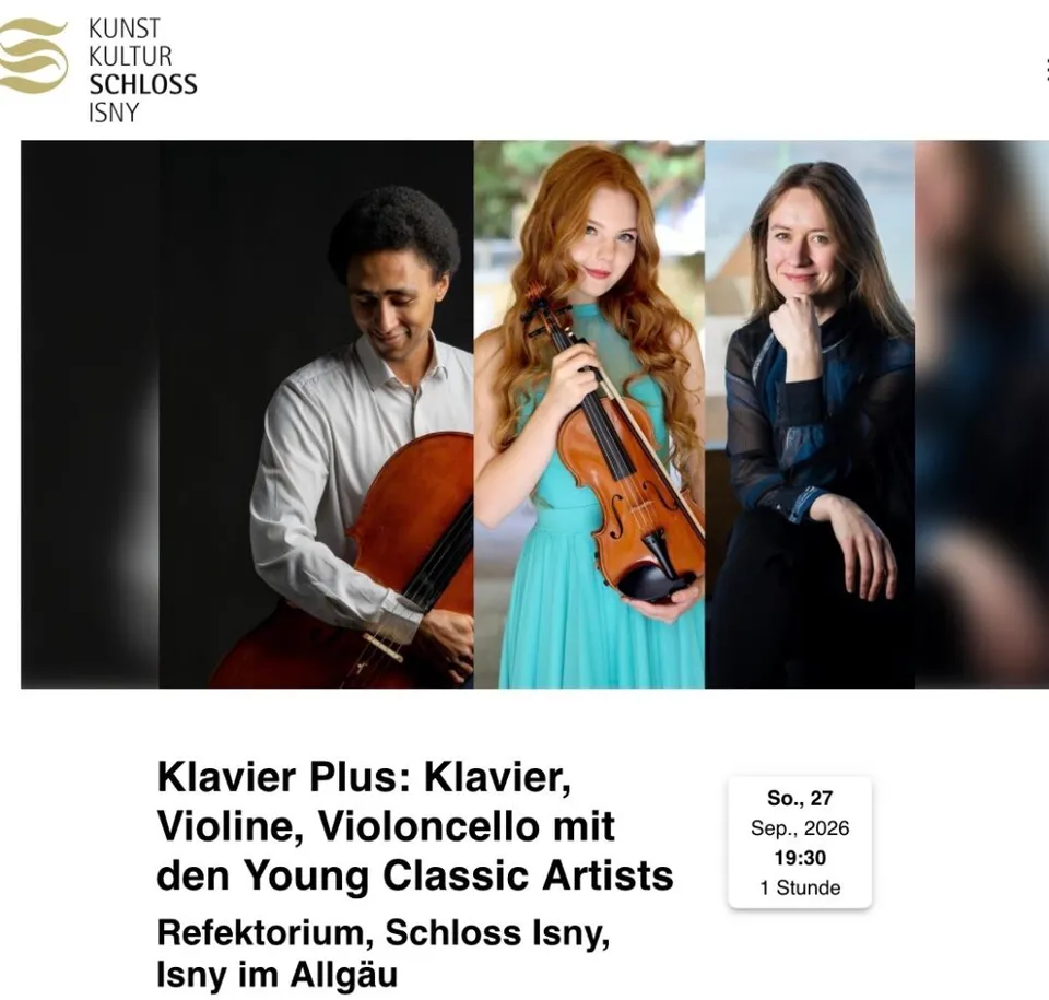 Poster: Klavier Plus: Klavier, Violine, Violoncello mit den Young Classic Artists